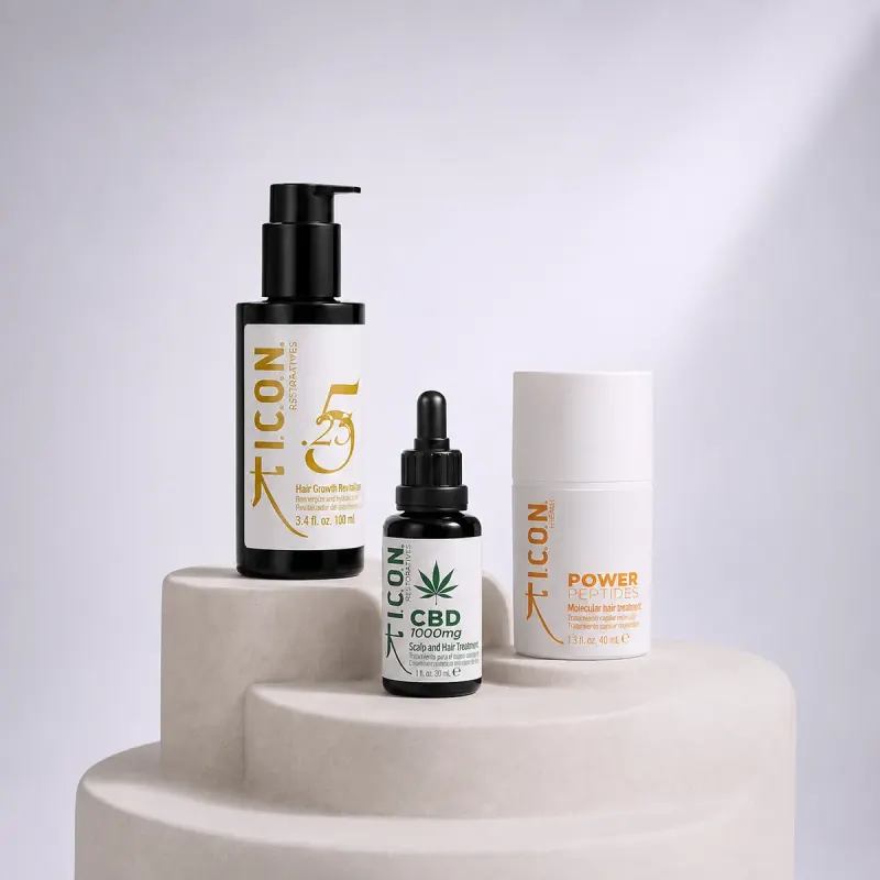 I.C.O.N. Restoratives: CBD 1000 oil, 5.25 hair growth replenisher and Power Peptides