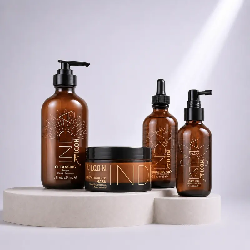 INDIA by I.C.O.N. amber bottles: Cleansing shampoo, Supercharged Mask, Nourishing Oil and Dry Oil on stone pedestals