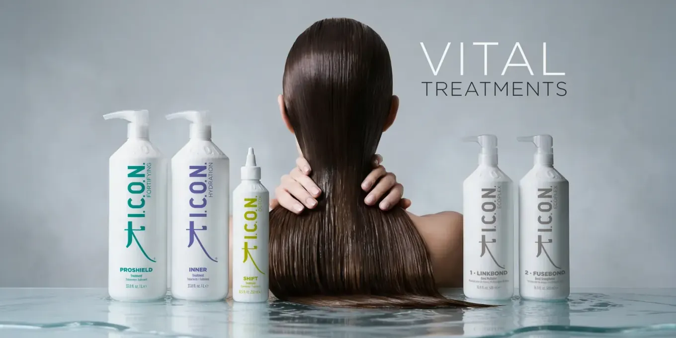 I.C.O.N. Vital Treatments: Proshield, Inner, Shift and the Linkbond and Fusebond Ecoplex bottles around a model's wet hair