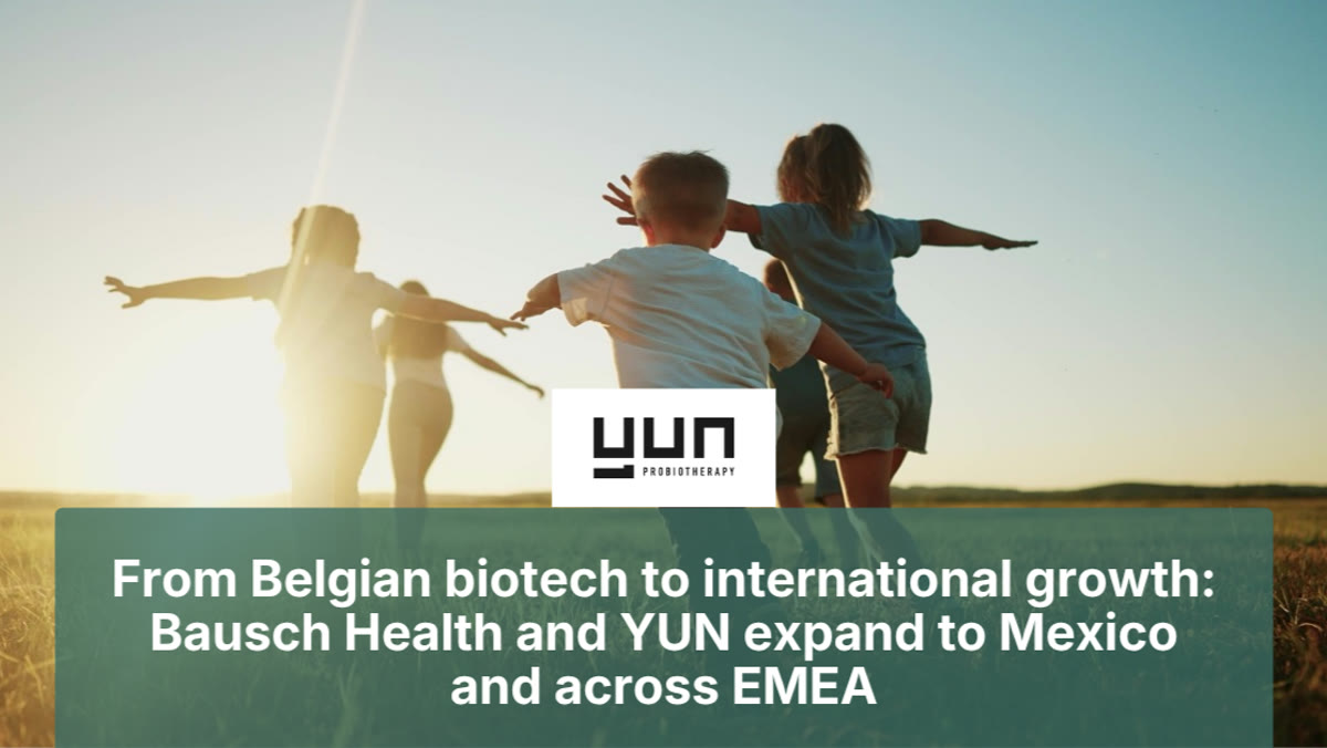 Children running through a sunlit field under the YUN Probiotherapy logo, titled From Belgian biotech to international growth